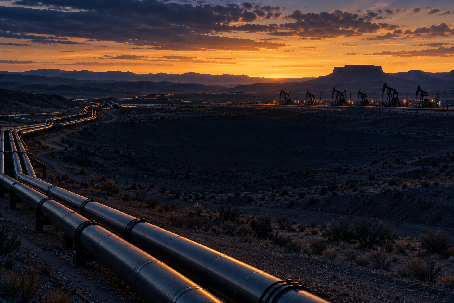 AI-generated illustration of desert pipelines and distant pumpjacks at twilight